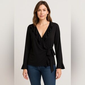 Nina Leonard Black Ruffle Wrap Blouse
